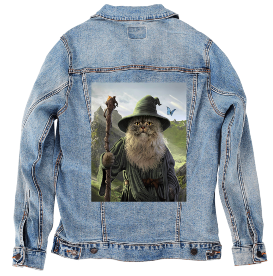 CATDALF by VINCENT HIE, digitally printed on DENIM products: throw pillows, aprons, table place mats, and hand-made Unisex Denim Jackets in 3 color choices