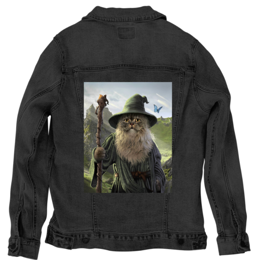 CATDALF by VINCENT HIE, digitally printed on DENIM products: throw pillows, aprons, table place mats, and hand-made Unisex Denim Jackets in 3 color choices