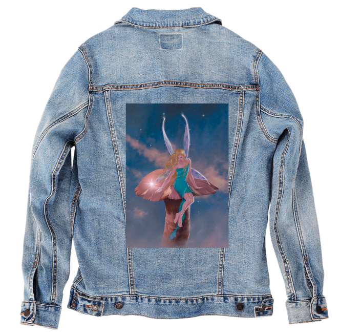 A FAIRY'S WISH by VINCENT HIE, digitally printed on DENIM products: throw pillows, aprons, table place mats, and hand-made Unisex Denim Jackets in 3 color choices