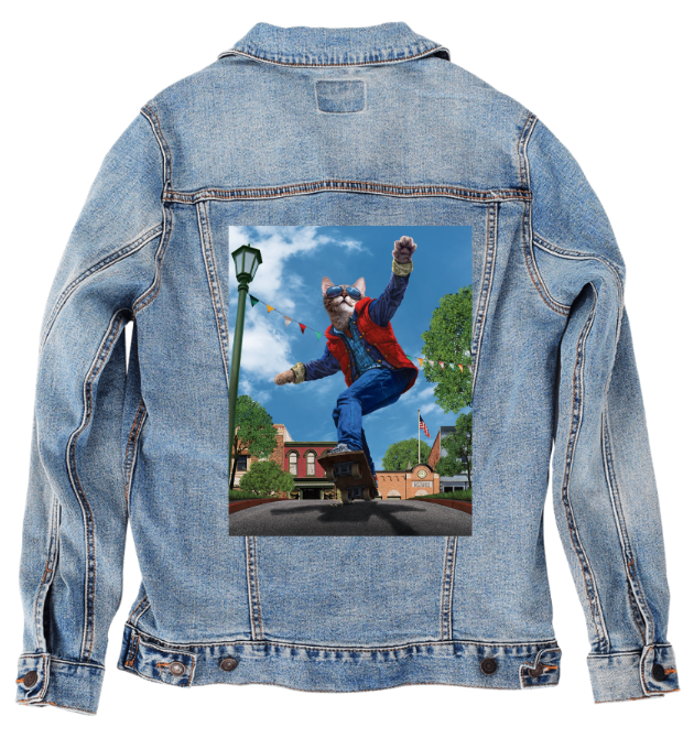 CAT TO THE FUTURE by VINCENT HIE, digitally printed on DENIM products: throw pillows, aprons, table place mats, and hand-made Unisex Denim Jackets in 3 color choices