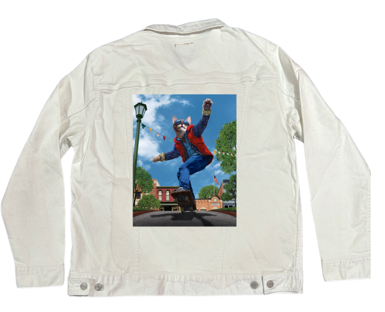 CAT TO THE FUTURE by VINCENT HIE, digitally printed on DENIM products: throw pillows, aprons, table place mats, and hand-made Unisex Denim Jackets in 3 color choices