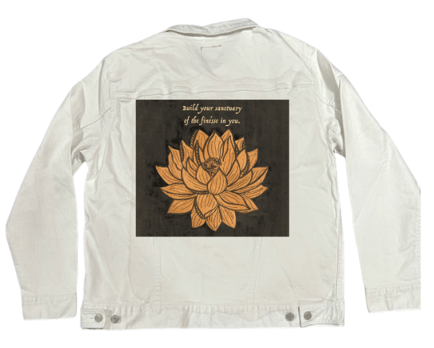 BE YOUR OWN SANCTUARY by CANVAS and QUOTATIONS, printed on denim jackets and other denim products: tote bags, throw pillows, table place mats, aprons