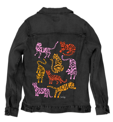 Printed Denim Jacket TIGER COLLECTION by CatCoq, digitally printed on DENIM products: throw pillows, aprons, table place mats, and hand-made Unisex Denim Jackets in 3 color choices TIGER COLLECTION by CatCoq, digitally printed on DENIM products: throw pillows, aprons, table place mats, and hand-made Unisex Denim Jackets in 3 color choices