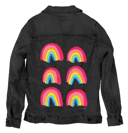 RAINBOW COLLECTION by CatCoq, digitally printed on DENIM products: throw pillows, aprons, table place mats, and hand-made Unisex Denim Jackets in 3 color choices