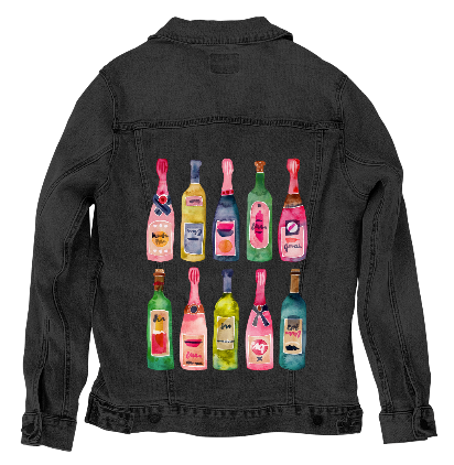 CHAMPGANE COLLECTION by CatCoq, digitally printed on DENIM products: throw pillows, aprons, table place mats, and hand-made Unisex Denim Jackets in 3 color choices