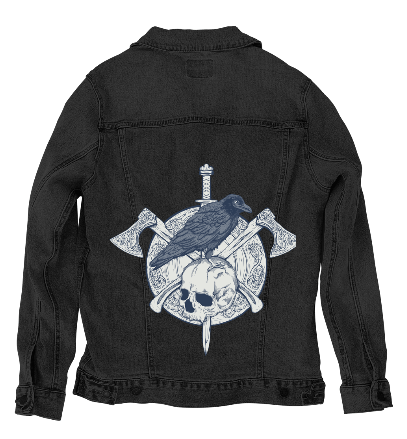 VIKINGS SHIELD by JESS ADAMS, digitally printed on DENIM products: throw pillows, aprons, table place mats, and hand-made Unisex Denim Jackets in 3 color choices Vikings Shield by Jess Adams, on a hand-crafted Custom Stonewashed, White, or Black Denim Jacket. Unisex. Digitally printed in the USA. Ships free to USA & also Internationally. XS S M L XL 2X 3X