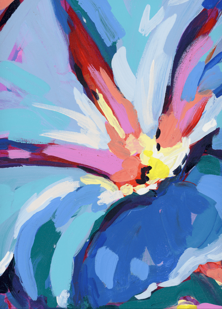 illustration of A close-up flower painted with expressive, layered brushstrokes, featuring broad white petals sweeping outward from a bright yellow center with small dark accents. Vivid blue and teal petals curve beneath the white, intersected by strokes of coral, pink, and soft lavender. Thick paint texture and overlapping marks fill the frame, with no visible background space. This artwork is titled “September Birth Flower” and created by Paige Flotterud