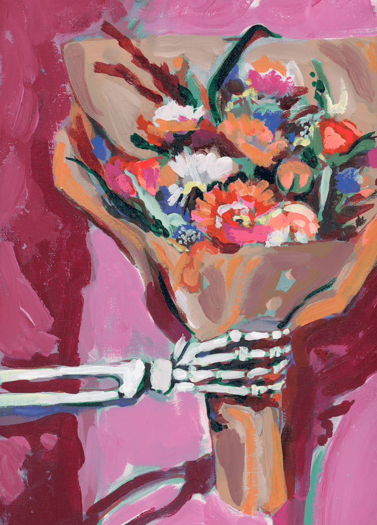 SKELETON HAND WITH FLOWER by PAIGE FLOTTERUD custom denim jacket by DenimINK