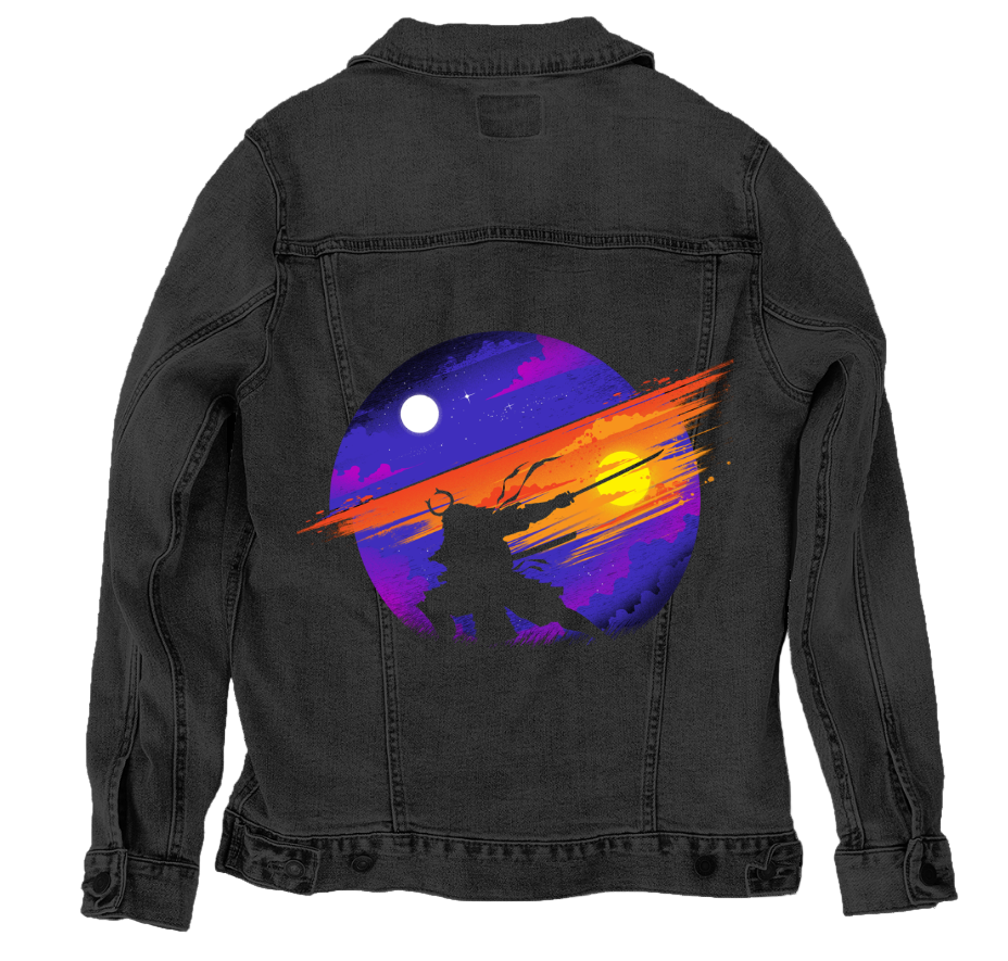 SUNSET SAMURAI by TOBE FONSECA, digitally printed on DENIM products: throw pillows, aprons, table place mats, and hand-made Unisex Denim Jackets in 3 color choices