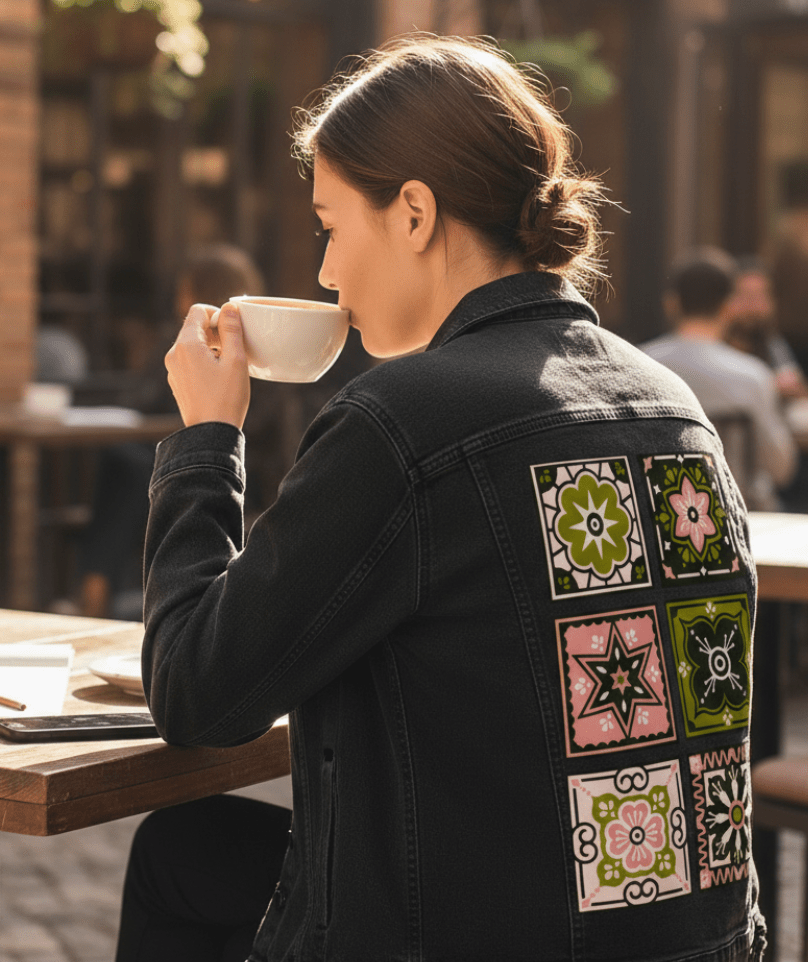 Printed Denim Jacket TALAVERA MEXICAN TILE by CatCoq, digitally printed on DENIM products: throw pillows, aprons, table place mats, and hand-made Unisex Denim Jackets in 3 color choices TALAVERA MEXICAN TILE by CatCoq, digitally printed on DENIM products: throw pillows, aprons, table place mats, and hand-made Unisex Denim Jackets in 3 color choices