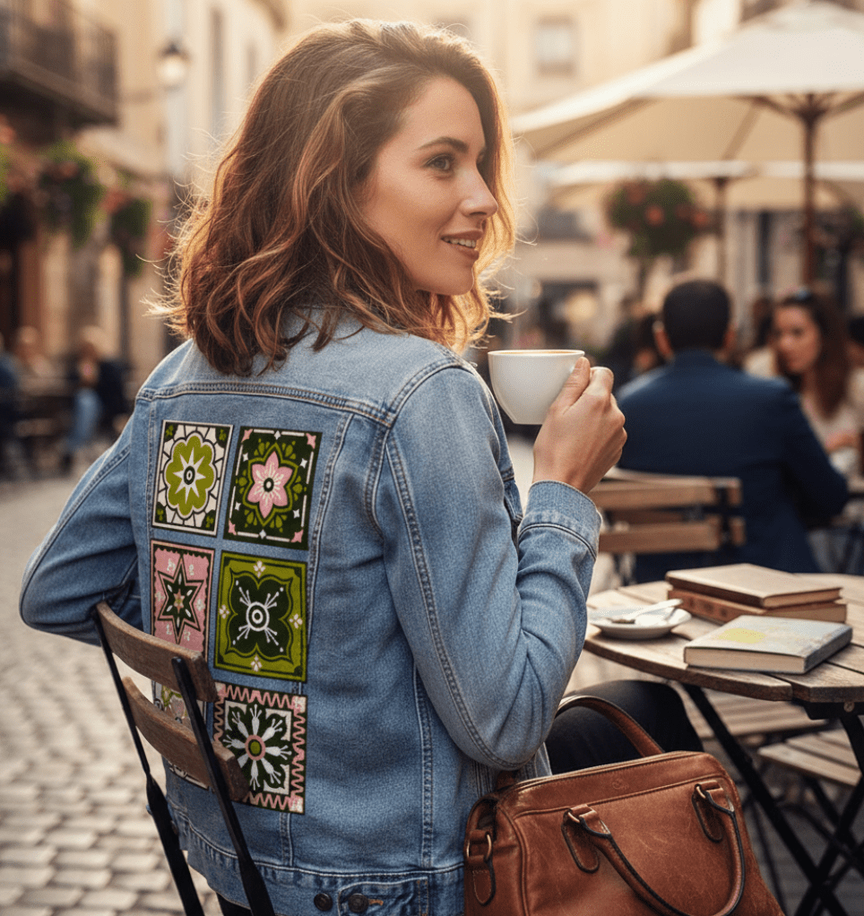 Printed Denim Jacket TALAVERA MEXICAN TILE by CatCoq, digitally printed on DENIM products: throw pillows, aprons, table place mats, and hand-made Unisex Denim Jackets in 3 color choices TALAVERA MEXICAN TILE by CatCoq, digitally printed on DENIM products: throw pillows, aprons, table place mats, and hand-made Unisex Denim Jackets in 3 color choices