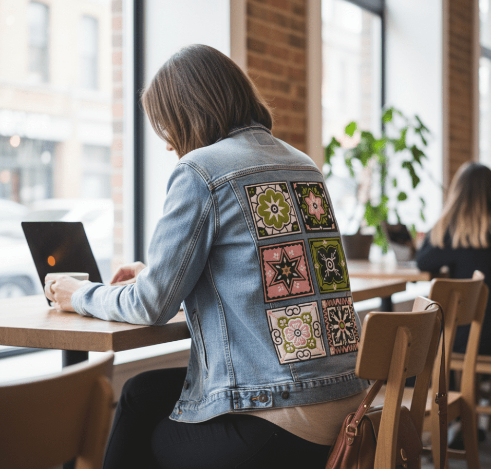 Printed Denim Jacket TALAVERA MEXICAN TILE by CatCoq, digitally printed on DENIM products: throw pillows, aprons, table place mats, and hand-made Unisex Denim Jackets in 3 color choices TALAVERA MEXICAN TILE by CatCoq, digitally printed on DENIM products: throw pillows, aprons, table place mats, and hand-made Unisex Denim Jackets in 3 color choices