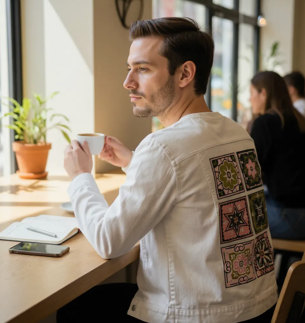 TALAVERA MEXICAN TILE by CatCoq, digitally printed on DENIM products: throw pillows, aprons, table place mats, and hand-made Unisex Denim Jackets in 3 color choices