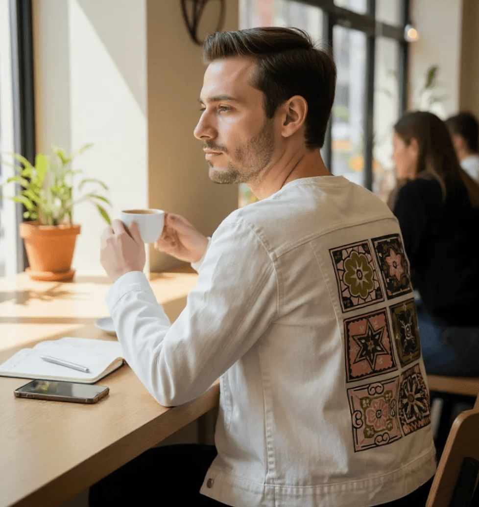 Printed Denim Jacket TALAVERA MEXICAN TILE by CatCoq, digitally printed on DENIM products: throw pillows, aprons, table place mats, and hand-made Unisex Denim Jackets in 3 color choices TALAVERA MEXICAN TILE by CatCoq, digitally printed on DENIM products: throw pillows, aprons, table place mats, and hand-made Unisex Denim Jackets in 3 color choices
