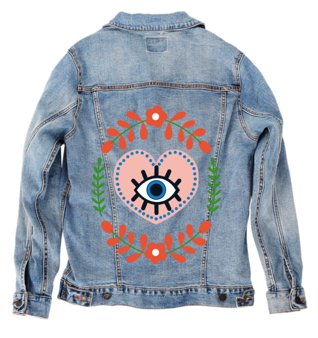 THE HEART SEES by HEND SHEHATA, digitally printed on DENIM products: throw pillows, aprons, table place mats, and hand-made Unisex Denim Jackets in 3 color choices