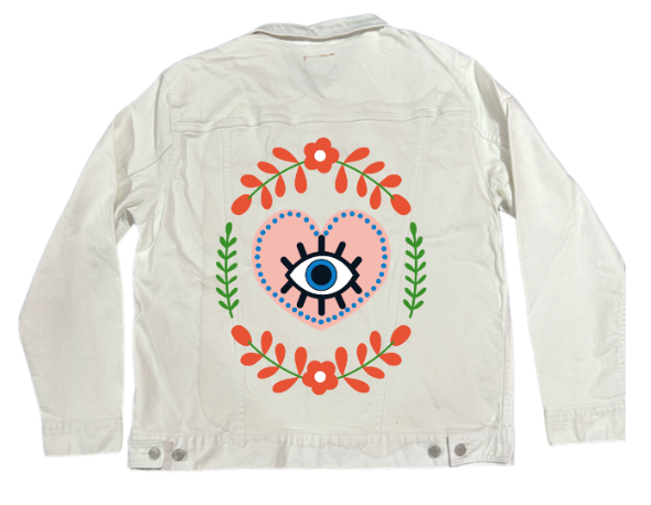 THE HEART SEES by HEND SHEHATA, digitally printed on DENIM products: throw pillows, aprons, table place mats, and hand-made Unisex Denim Jackets in 3 color choices