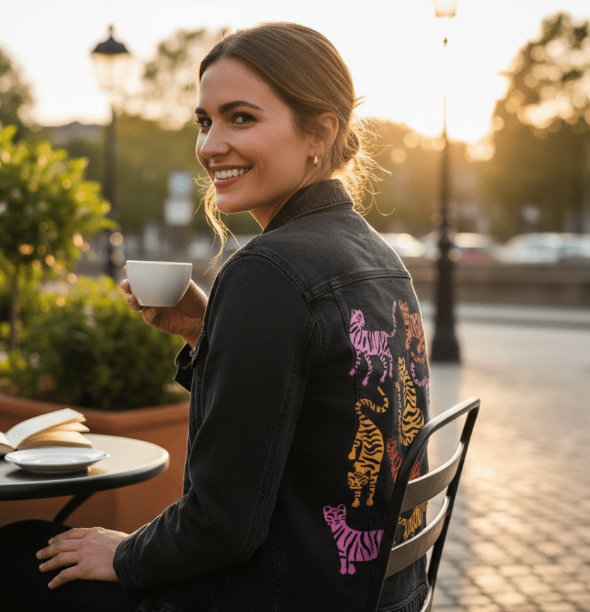 Printed Denim Jacket TIGER COLLECTION by CatCoq, digitally printed on DENIM products: throw pillows, aprons, table place mats, and hand-made Unisex Denim Jackets in 3 color choices TIGER COLLECTION by CatCoq, digitally printed on DENIM products: throw pillows, aprons, table place mats, and hand-made Unisex Denim Jackets in 3 color choices