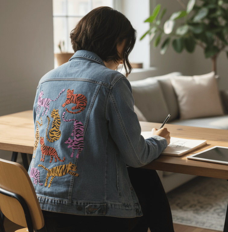 Printed Denim Jacket CHEETAH COLLECTION by CatCoq, digitally printed on DENIM products: throw pillows, aprons, table place mats, and hand-made Unisex Denim Jackets in 3 color choices CHEETAH COLLECTION by CatCoq, digitally printed on DENIM products: throw pillows, aprons, table place mats, and hand-made Unisex Denim Jackets in 3 color choices