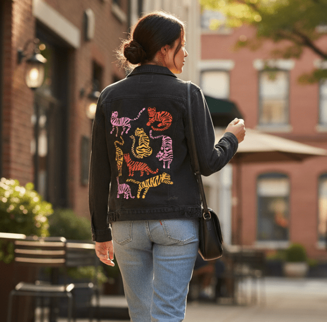 Printed Denim Jacket TIGER COLLECTION by CatCoq, digitally printed on DENIM products: throw pillows, aprons, table place mats, and hand-made Unisex Denim Jackets in 3 color choices TIGER COLLECTION by CatCoq, digitally printed on DENIM products: throw pillows, aprons, table place mats, and hand-made Unisex Denim Jackets in 3 color choices