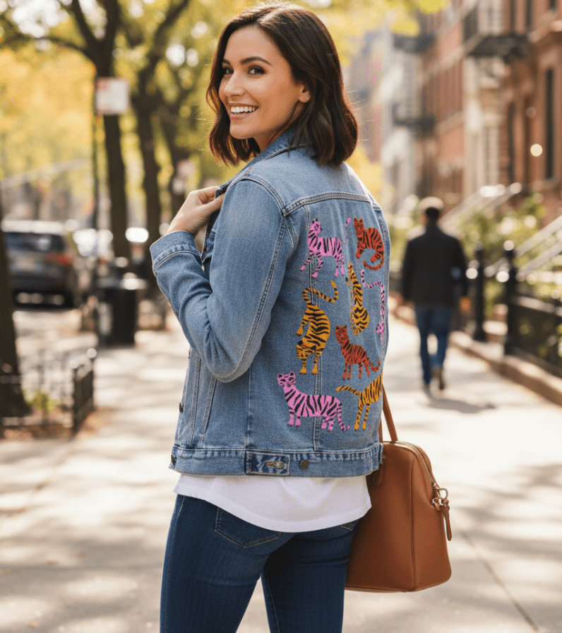 Printed Denim Jacket CHEETAH COLLECTION by CatCoq, digitally printed on DENIM products: throw pillows, aprons, table place mats, and hand-made Unisex Denim Jackets in 3 color choices CHEETAH COLLECTION by CatCoq, digitally printed on DENIM products: throw pillows, aprons, table place mats, and hand-made Unisex Denim Jackets in 3 color choices