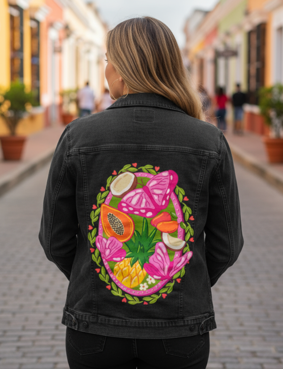 TROPICAL PARADISE BUTTERFLY by IndySign, digitally printed on DENIM products: throw pillows, aprons, table place mats, and hand-made Unisex Denim Jackets in 3 color choices