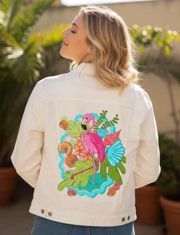 TROPICAL PARADISE FLAMINGO by IndySign, digitally printed on DENIM products: throw pillows, aprons, table place mats, and hand-made Unisex Denim Jackets in 3 color choices