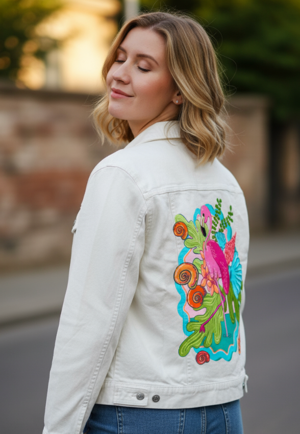 TROPICAL PARADISE FLAMINGO by IndySign, digitally printed on DENIM products: throw pillows, aprons, table place mats, and hand-made Unisex Denim Jackets in 3 color choices