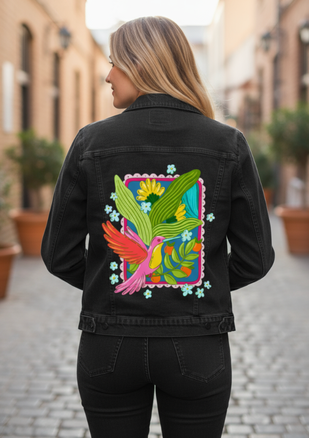 TROPICAL PARADISE HUMMINGBIRD by IndySign, digitally printed on DENIM products: throw pillows, aprons, table place mats, and hand-made Unisex Denim Jackets in 3 color choices