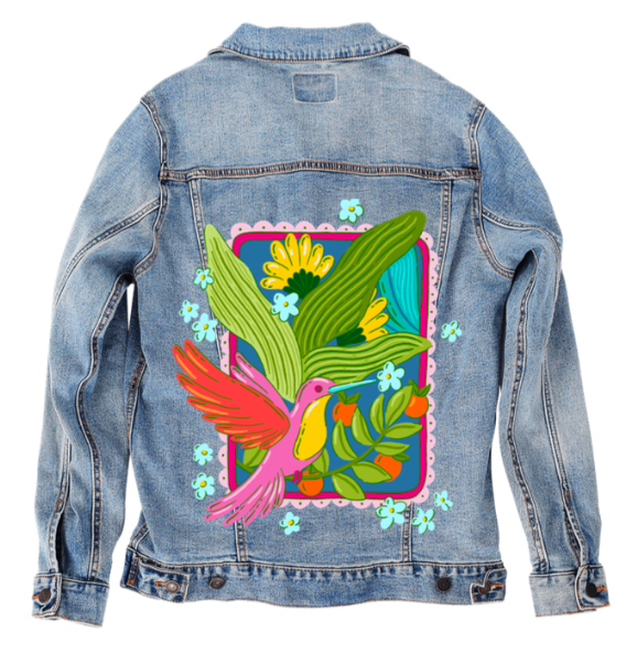 TROPICAL PARADISE HUMMINGBIRD by IndySign, digitally printed on DENIM products: throw pillows, aprons, table place mats, and hand-made Unisex Denim Jackets in 3 color choices