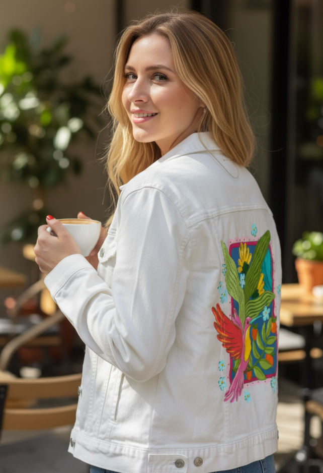 TROPICAL PARADISE HUMMINGBIRD by IndySign, digitally printed on DENIM products: throw pillows, aprons, table place mats, and hand-made Unisex Denim Jackets in 3 color choices
