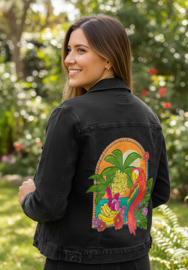 TROPICAL PARADISE PARROT by IndySign, digitally printed on DENIM products: throw pillows, aprons, table place mats, and hand-made Unisex Denim Jackets in 3 color choices