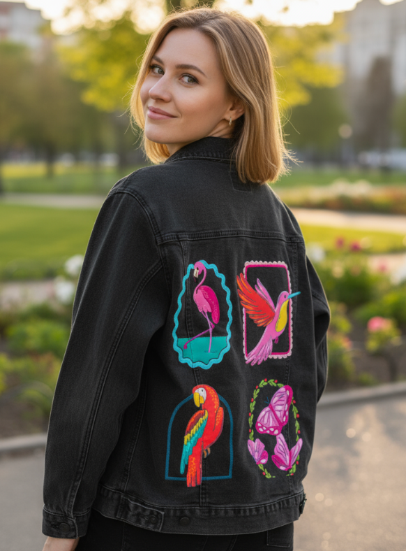 TROPICAL PARADISE by IndySign, digitally printed on DENIM products: throw pillows, aprons, table place mats, and hand-made Unisex Denim Jackets in 3 color choices