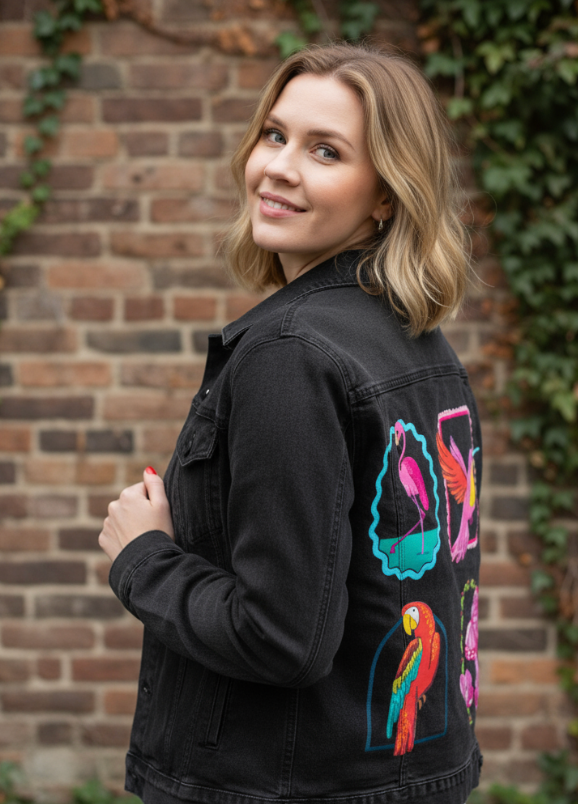 TROPICAL PARADISE by IndySign, digitally printed on DENIM products: throw pillows, aprons, table place mats, and hand-made Unisex Denim Jackets in 3 color choices