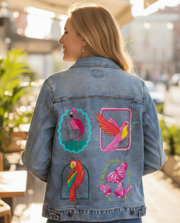 TROPICAL PARADISE by IndySign, digitally printed on DENIM products: throw pillows, aprons, table place mats, and hand-made Unisex Denim Jackets in 3 color choices