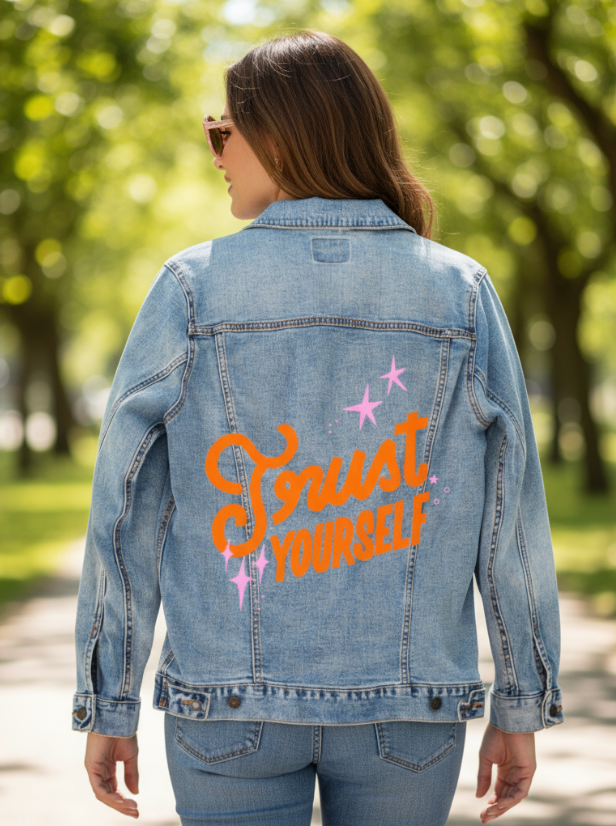 TRUST YOURSELF by IndySign, digitally printed on DENIM products: throw pillows, aprons, table place mats, and hand-made Unisex Denim Jackets in 3 color choices