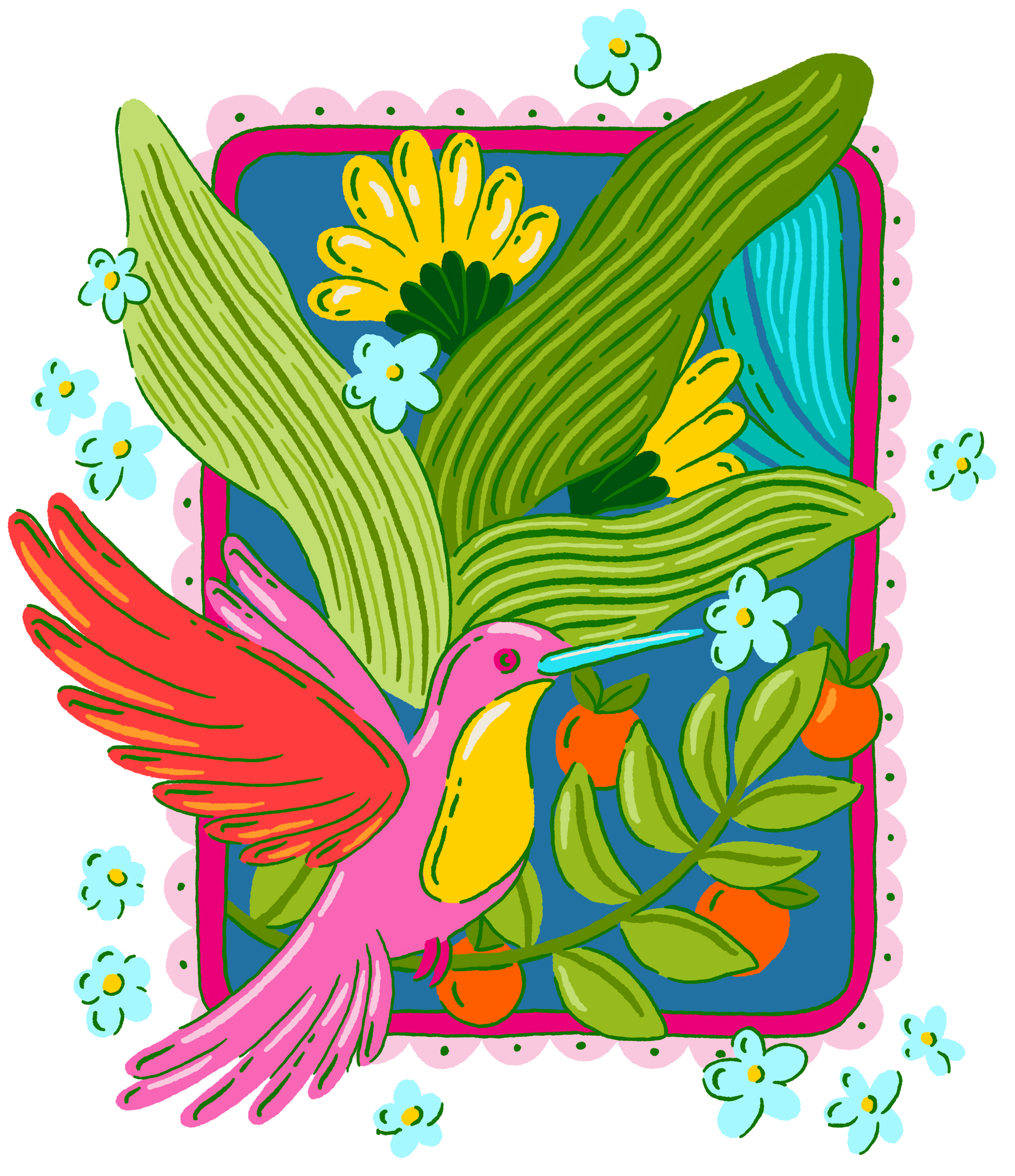 TROPICAL PARADISE HUMMINGBIRD by IndySign, digitally printed on DENIM products: throw pillows, aprons, table place mats, and hand-made Unisex Denim Jackets in 3 color choices