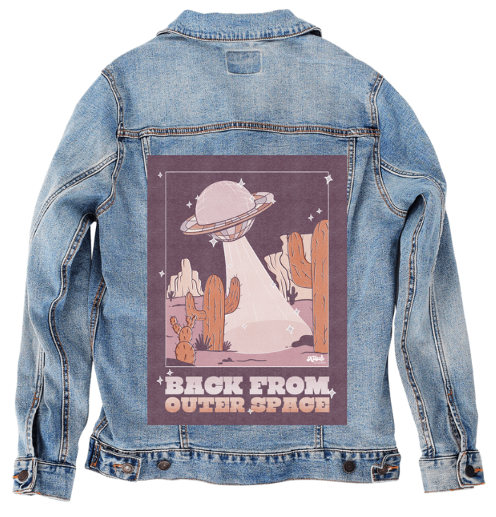UFO SPACE PURPLE by KITSCH AND CURATE, digitally printed on a hand-made Unisex Denim Jacket