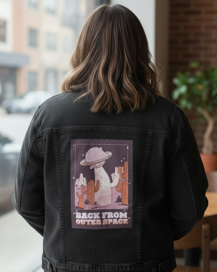 UFO SPACE PURPLE by KITSCH AND CURATE, digitally printed on DENIM products: throw pillows, aprons, table place mats, and hand-made Unisex Denim Jackets in 3 color choices