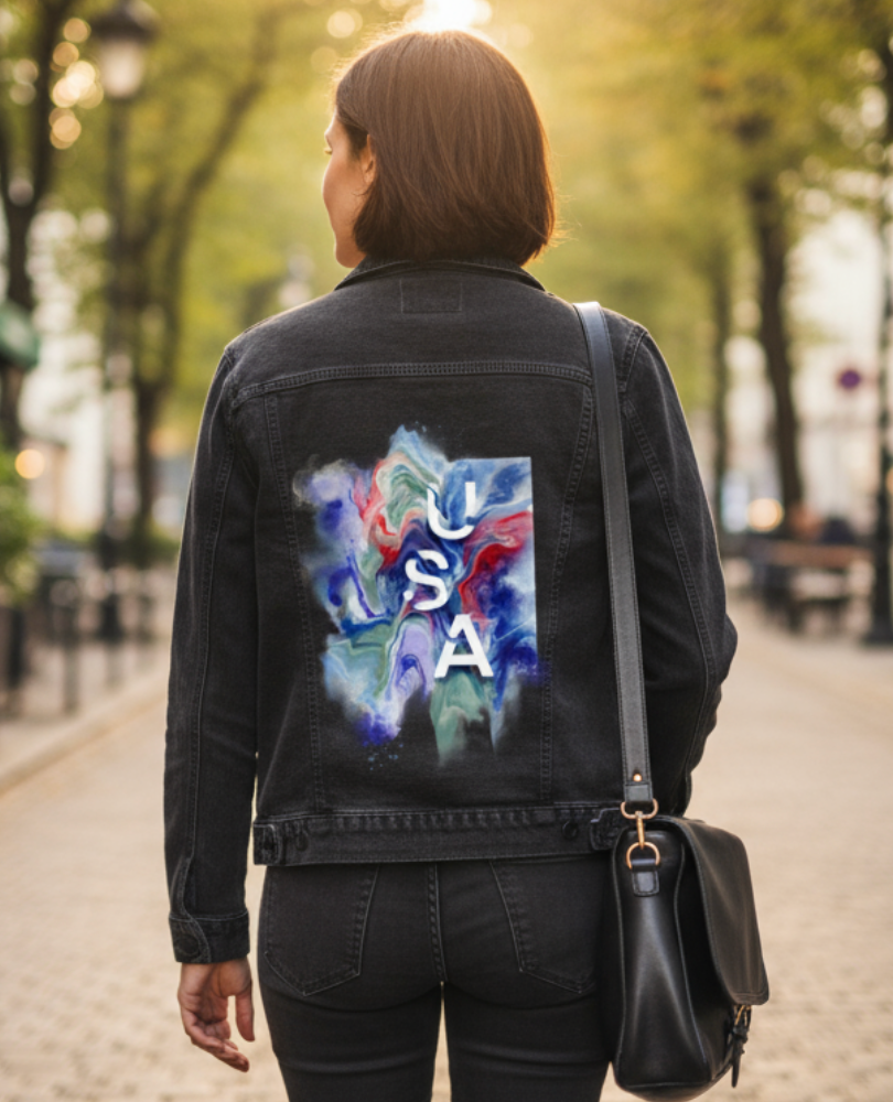 USA ABSTRACT by RAMIR DESIGNS, digitally printed on DENIM products: throw pillows, aprons, table place mats, and hand-made Unisex Denim Jackets in 3 color choices