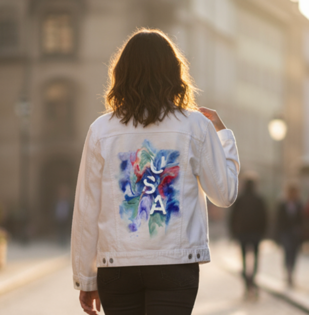 USA ABSTRACT by RAMIR DESIGNS, digitally printed on DENIM products: throw pillows, aprons, table place mats, and hand-made Unisex Denim Jackets in 3 color choices