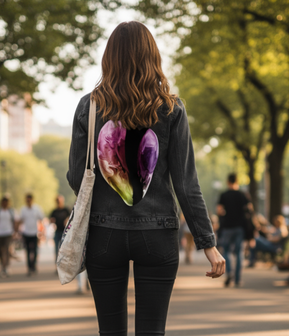 FLOWER by RAMIR DESIGNS, digitally printed on DENIM products: throw pillows, aprons, table place mats, and hand-made Unisex Denim Jackets in 3 color choices