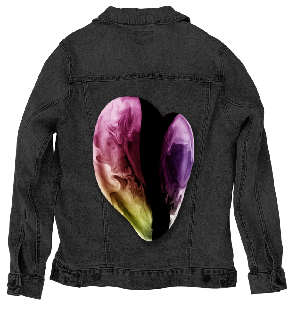 FLOWER by RAMIR DESIGNS, digitally printed on DENIM products: throw pillows, aprons, table place mats, and hand-made Unisex Denim Jackets in 3 color choices