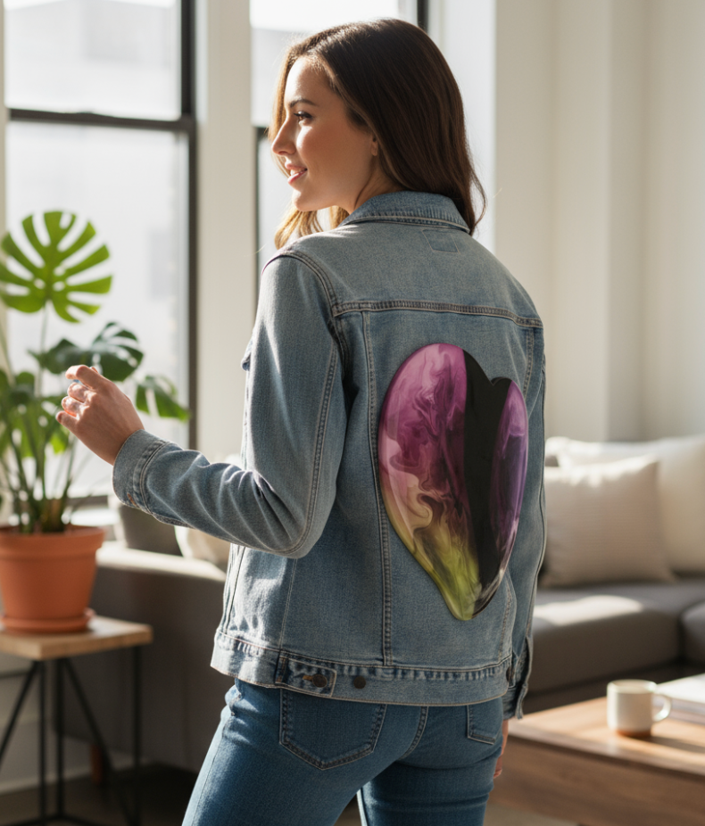 VIBRANT HEART by RAMIR DESIGNS, digitally printed on DENIM products: throw pillows, aprons, table place mats, and hand-made Unisex Denim Jackets in 3 color choices