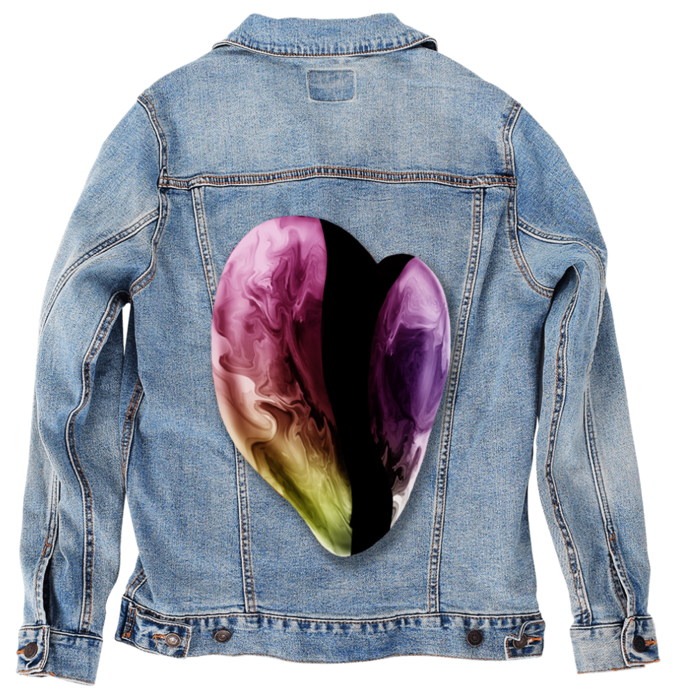 FLOWER by RAMIR DESIGNS, digitally printed on DENIM products: throw pillows, aprons, table place mats, and hand-made Unisex Denim Jackets in 3 color choices