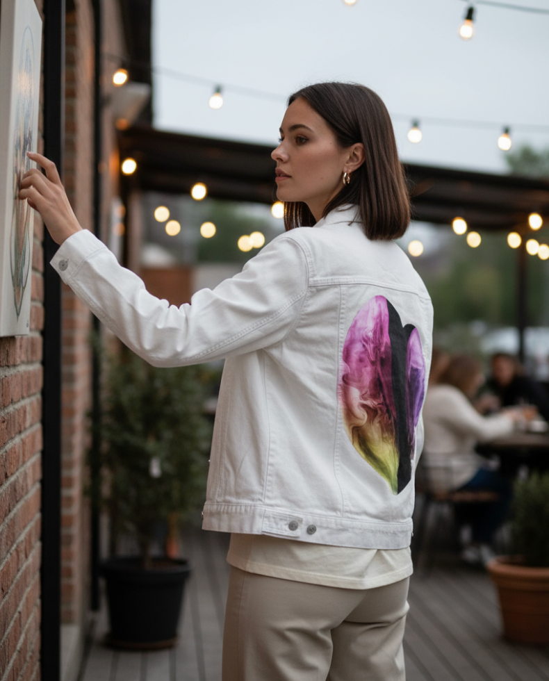 VIBRANT HEART by RAMIR DESIGNS, digitally printed on DENIM products: throw pillows, aprons, table place mats, and hand-made Unisex Denim Jackets in 3 color choices