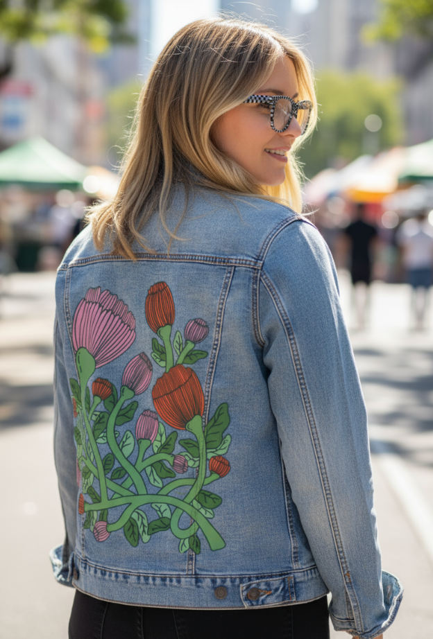 VINEBOUND BLOOMS by IndySign, digitally printed on DENIM products: throw pillows, aprons, table place mats, and hand-made Unisex Denim Jackets in 3 color choices