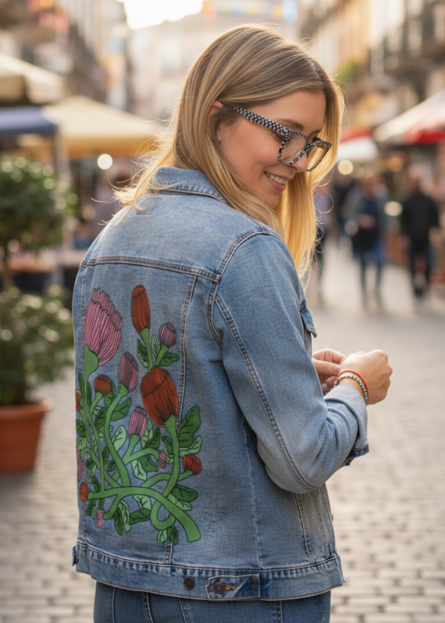 VINEBOUND BLOOMS by IndySign, digitally printed on DENIM products: throw pillows, aprons, table place mats, and hand-made Unisex Denim Jackets in 3 color choices