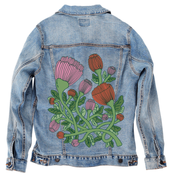 VINEBOUND BLOOMS by IndySign, digitally printed on DENIM products: throw pillows, aprons, table place mats, and hand-made Unisex Denim Jackets in 3 color choices