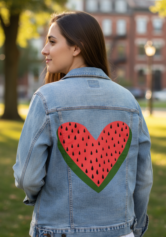 WATERMELON HEART by HEND SHEHATA, digitally printed on DENIM products: throw pillows, aprons, table place mats, and hand-made Unisex Denim Jackets in 3 color choices