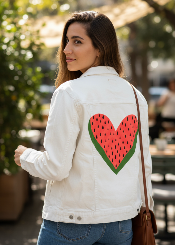 WATERMELON HEART by HEND SHEHATA, digitally printed on DENIM products: throw pillows, aprons, table place mats, and hand-made Unisex Denim Jackets in 3 color choices